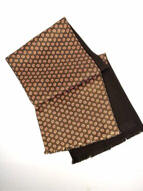 Men's Doubled Reversible Scarf Silk Wool Brown  Paisley Print 11x50"